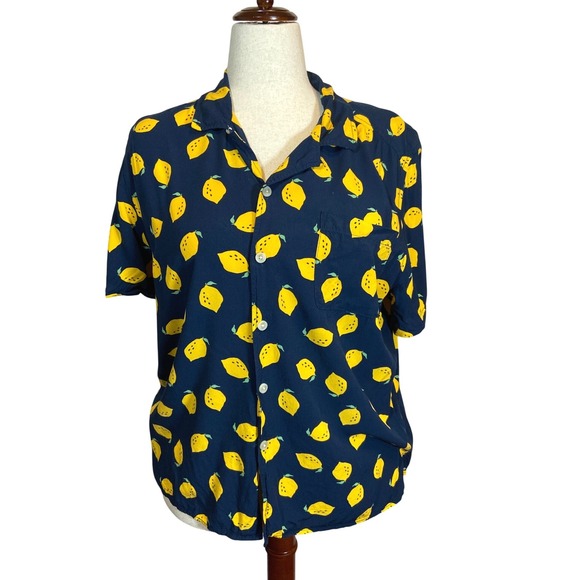 Old Navy Tops - Old Navy Lemon Print Navy Blue Rayon Short Sleeve Button Down Shirt Women XL